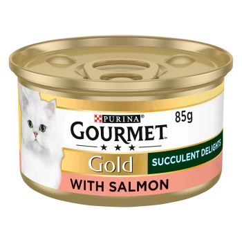 A gold can of Purina Gourmet Gold cat food labeled "Succulent Delights with Salmon," featuring an image of a white cat.