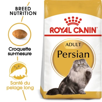 Persan Adulte Croquettes Chat 400 g Sac de nourriture pour chat adulte Royal Canin pour chats persans avec une illustration d'un chat persan duveteux, avec un texte mettant en avant la nutrition de la race et la santé du pelage long.