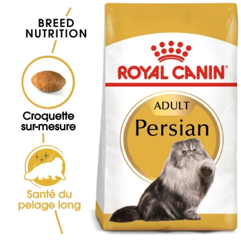 Sac de nourriture pour chat adulte Royal Canin pour chats persans avec une illustration d'un chat persan duveteux, avec un texte mettant en avant la nutrition de la race et la santé du pelage long.