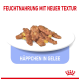 Feuchtfutter mit neuer Textur, präsentiert auf einem weißen Teller, zeigt längliche Stücke in Gelee mit kleinen Fruchtstücken.