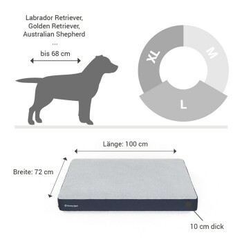 Maße des Hundebetts: 100 cm Länge, 72 cm Breite, 10 cm dick; geeignet für Rassen wie Labrador Retriever und Australian Shepherd.