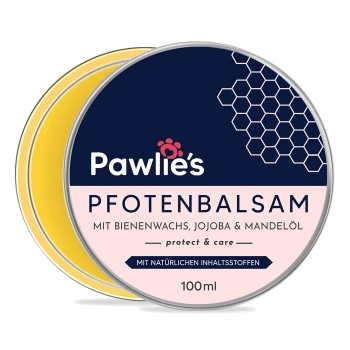 Pawlie's Pfotenbalsam, ein Pfotenbalsam für Haustiere in einer 100ml Dose, mit Inhaltsstoffen wie Bienenwachs, Jojoba und Mandelöl.