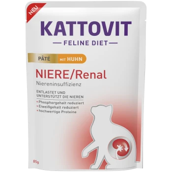 Pâté rénal Kattovit Feline Diet au poulet, sachet de 85g, présentant une silhouette de chat et un texte mettant en avant des niveaux réduits de phosphore et de protéines.