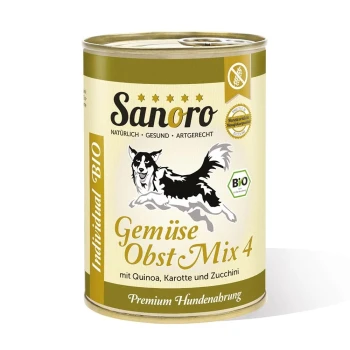 Dose Sanoro Hundefutter mit einer schwarz-weißen Hundillustration, beschriftet 'Gemüse Obst Mix 4' mit Quinoa, Karotten und Zucchini.