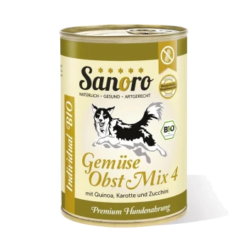 Dose Sanoro Hundefutter mit einer schwarz-weißen Hundillustration, beschriftet 'Gemüse Obst Mix 4' mit Quinoa, Karotten und Zucchini.