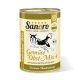 Dose Sanoro Hundefutter mit einer schwarz-weißen Hundillustration, beschriftet 'Gemüse Obst Mix 4' mit Quinoa, Karotten und Zucchini.