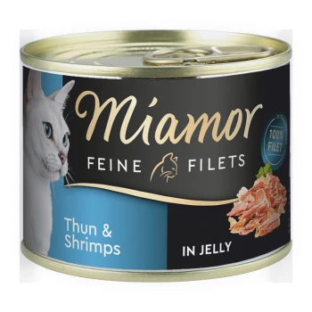 Feine Filets in Jelly Thunfisch und Shrimps 12x185 g Katzenfutterdose mit einer weißen Katze auf dem Etikett, beschriftet mit "Miamor Feine Filets Thun & Shrimps in Jelly," mit "100% Filet" hervorgehoben.