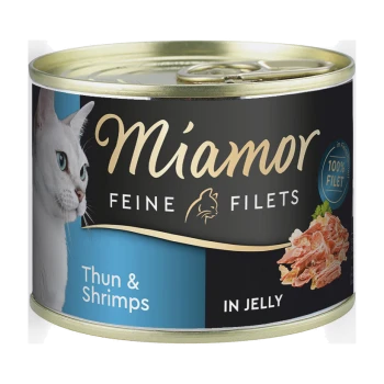 Katzenfutterdose mit einer weißen Katze auf dem Etikett, beschriftet mit "Miamor Feine Filets Thun & Shrimps in Jelly," mit "100% Filet" hervorgehoben.