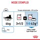 Instructions pour nourrir un chat de 4 kg : 3,5 boîtes ou 1 boîte plus 43 g de nourriture sèche. Comprend des informations sur l'énergie : 694 kcal/kg.
