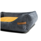 Ein gemütliches Haustierbett mit einem dunkelgrauen Äußeren und einem weichen gelben Inneren, mit einem kleinen Lederetikett, das "RexProduct.com" zeigt.