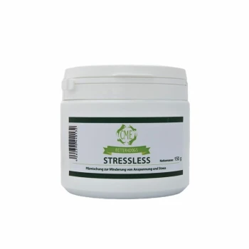 Weißer Behälter mit der Aufschrift "STRESSLESS" für Hunde, 150g, mit dem Hinweis, dass er hilft, Spannungen und Stress abzubauen.