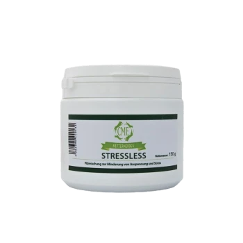 Weißer Behälter mit der Aufschrift "STRESSLESS" für Hunde, 150g, mit dem Hinweis, dass er hilft, Spannungen und Stress abzubauen.