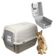 Beige Katzentoilette mit Haube, beschriftet 'Toilette' und 'GarPet', herausnehmbarer Einsatz offen mit Schaufel und Streu, getigerte Katze greift mit der Pfote hoch.