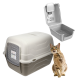 Beige Katzentoilette mit Haube, beschriftet 'Toilette' und 'GarPet', herausnehmbarer Einsatz offen mit Schaufel und Streu, getigerte Katze greift mit der Pfote hoch.