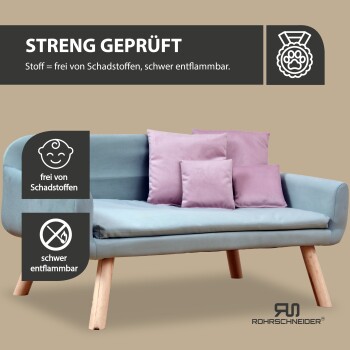 Ein hellblaues Haustiersofa mit fünf rosa Kissen, Abmessungen beschriftet: Höhe 50 cm, Breite 103 cm, Tiefe 57 cm und Sitzfläche 88x55 cm.