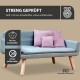 Ein hellblaues Haustiersofa mit fünf rosa Kissen, Abmessungen beschriftet: Höhe 50 cm, Breite 103 cm, Tiefe 57 cm und Sitzfläche 88x55 cm.