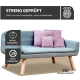 Ein hellblaues Haustiersofa mit fünf rosa Kissen, Abmessungen beschriftet: Höhe 50 cm, Breite 103 cm, Tiefe 57 cm und Sitzfläche 88x55 cm.
