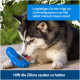 Ein sibirischer Husky kaut auf einem blauen Gummispielzeug, mit dem Text, der besagt, dass es bei der Zahnreinigung hilft und starkem Kauen standhält.
