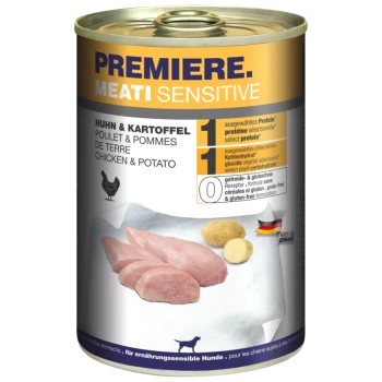 Dosenfutter für Hunde mit der Aufschrift "Premiere Meati Sensitive", das Huhn und Kartoffeln enthält, mit Bildern von rohem Huhn und Kartoffeln.