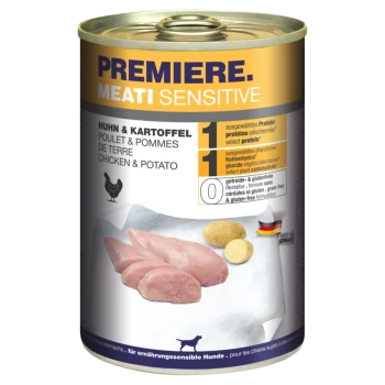 Dosenfutter für Hunde mit der Aufschrift "Premiere Meati Sensitive", das Huhn und Kartoffeln enthält, mit Bildern von rohem Huhn und Kartoffeln.