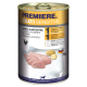 Dosenfutter für Hunde mit der Aufschrift "Premiere Meati Sensitive", das Huhn und Kartoffeln enthält, mit Bildern von rohem Huhn und Kartoffeln.