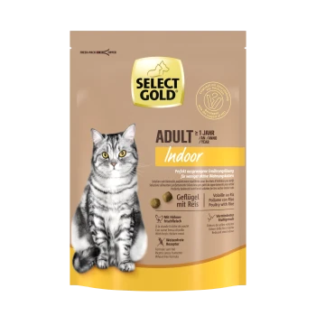 Emballage de nourriture pour chats Select Gold avec un chat tigré gris. Le texte comprend "ADULTE Intérieur" et "Geflügel mit Reis" (Volaille avec Riz).