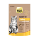 Select Gold Katzenfutterverpackung mit einer grauen getigerten Katze. Der Text enthält "ADULT Indoor" und "Geflügel mit Reis".