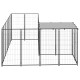 Ein großes, modulares Freiluft-Haustiergehege aus Metalldraht, ausgestattet mit einem Dach und mehreren Abschnitten mit Toren.