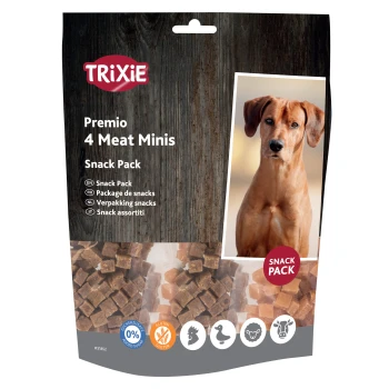 Snackpackung von TRIXIE Premio 4 Meat Minis für Hunde, mit kleinen Fleischleckereien in einer durchsichtigen Tüte, mit glutenfreiem und ohne Zuckerzusatz-Label.