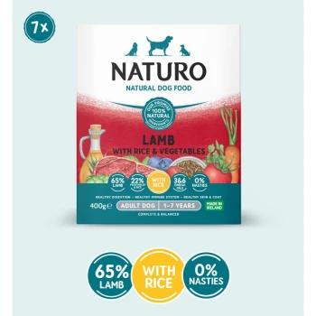 Packaging of Naturo Natural Dog Food featuring lamb with rice and vegetables, highlighting 65% lamb, 0% nasties, and made in Ireland.