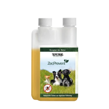 Flüssiges Haustierergänzungsmittel in einer Flasche mit der Aufschrift "ZecPrevent" mit einem Naturhintergrund, der drei Hunde und ein Symbol ohne Insekten zeigt.