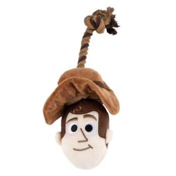 Plush cowboy head dog toy with knotted rope tug, brown hat and smiling embroidered face