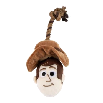 Plush cowboy head dog toy with knotted rope tug, brown hat and smiling embroidered face