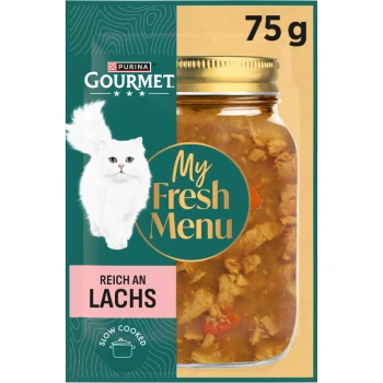 Purina Gourmet My Fresh Menu 75g Katzenfutterglas, 'Reich an Lachs', Bild einer weißen Langhaarkatze, langsam gegart.