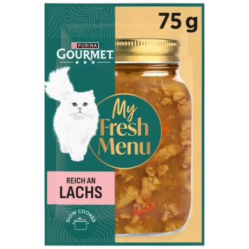 Purina Gourmet My Fresh Menu 75g Katzenfutterglas, 'Reich an Lachs', Bild einer weißen Langhaarkatze, langsam gegart.