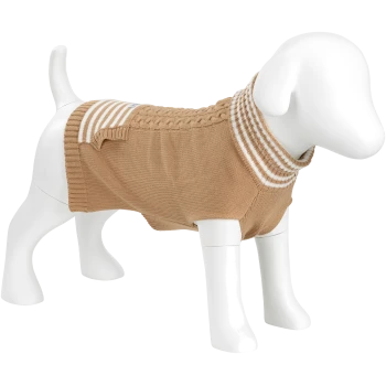Weißes Hundemannequin trägt einen beige gestrickten Pullover mit weißen Streifen am Kragen und Rücken, präsentiert vor weißem Hintergrund.