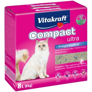 Die Verpackung der pinken Vitakraft Compact Ultra Katzenstreu zeigt eine flauschige weiße Katze und hebt den Duft von Babypuder und die super Saugfähigkeit hervor.