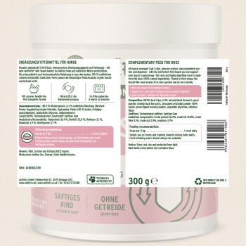 Ergänzungsfutter für Hunde in einem 300g Behälter, mit saftigem Rindfleisch, getreidefrei, mit Fütterungsempfehlungen und Nährwertinformationen.