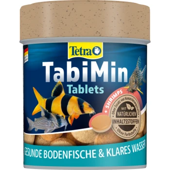 Behälter mit Tetra TabiMin Tabletten für Bodenfresser, mit einem blauen Deckel und Fischbildern. Text: "Hauptfutter Tabletten."
