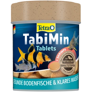 Container van Tetra TabiMin Tabletten voor bodemvoedende vissen, met een blauwe deksel en afbeeldingen van vissen. Tekst: 'Hauptfutter Tabletten.'
