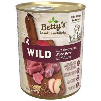 Dosen-Hundefutter "Betty's Landhausküche" mit Wildfleisch, Amaranth, Rote Beete und Apfel. Etiketten: "Erwachsene Hunde," "Keine Zusatzstoffe," "Einzelprotein."