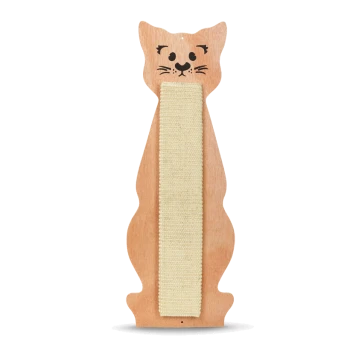 Griffoir en bois en forme de chat avec une surface de grattage en sisal texturé et un design de visage mignon.
