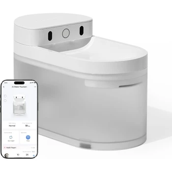 Weißer automatischer Haustier‑Wasserbrunnen mit Frontsensoren und Smartphone‑App, die 'KI‑Wasserbrunnen', 'Normal', '59 Tage', 'Spülen' anzeigt