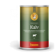 Eine Dose Hundefutter mit der Aufschrift "Kalv", die Stücke in Soße enthält, mit dem Hinweis, dass es im Ofen gekocht, gewürzt und frei von Konservierungsstoffen ist.