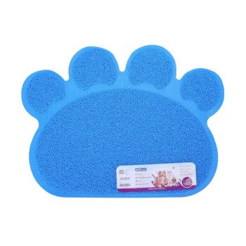 Blaues, pfotenförmiges Haustiermatte mit strukturierter Oberfläche, mit einem Etikett mit Produktdetails und Bildern von Hunden und Katzen.