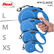 Blaue Flexi ausziehbare Hundeleinen in drei Größen (L, M, S, XS), präsentiert mit einer Hand, die die mittlere Größe hält.