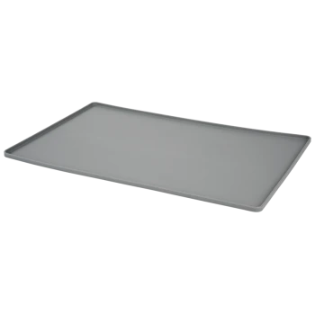 Gray pet feeding mat, rectangular shape with raised edges to contain spills.