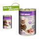 Katzenfutterdosen mit der Aufschrift "Premiere Meat Menu" und einem getigerten Kater, mit Text, der "Rind mit Huhn & Kalb" und "100% Frisches Fleisch" angibt.