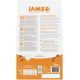 Rückseite eines IAMS Katzenfutterbeutels — orange und weiß, IAMS-Logo, 'Advanced Nutrition your cat needs', Hühner-Symbol, 3 kg, www.iams.eu.