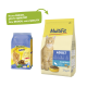 Zwei Säcke MultiFit Katzenfutter: blau und gelb mit einer Katze. Text: "Neues DESIGN, gleiche QUALITÄT" und "ADULT mit THUNFISCH."